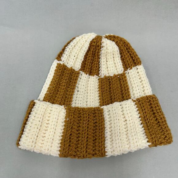 Handmade knit colorblock ivory and golden mustard checkered  stocking hat beanie main image 4
